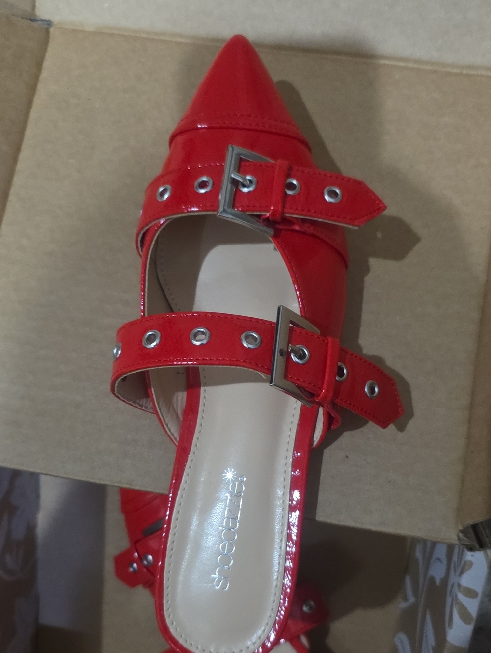 Shoe Dazzle Red Patent Pointed Buckle Mules